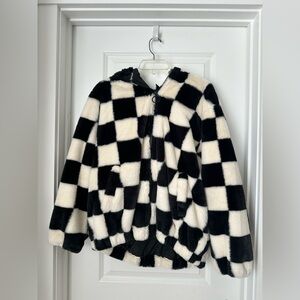 Faux Fur black and white checkered coat. H&M. Size small. With zip and hood.